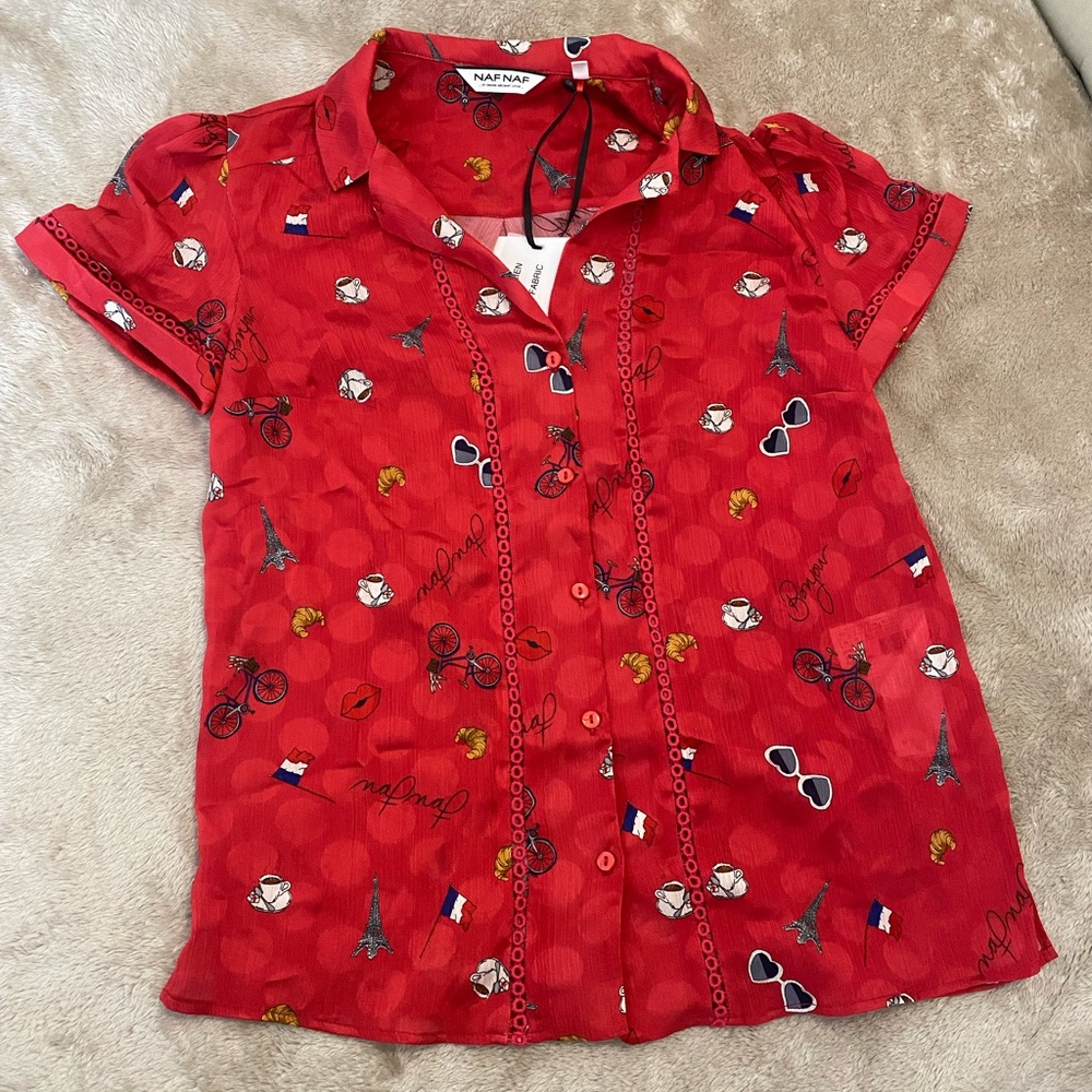 Naf Naf Red Parisian Print Short-Sleeve Blouse
